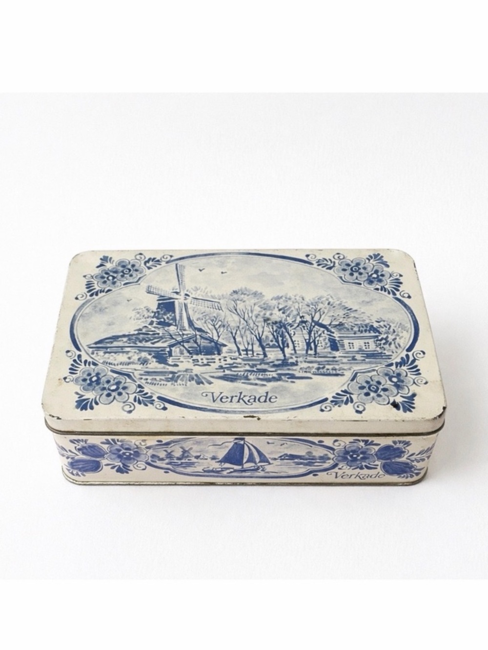 Vintage Verkade Holland Blue & White Windmill Biscuit Tin Metal Box